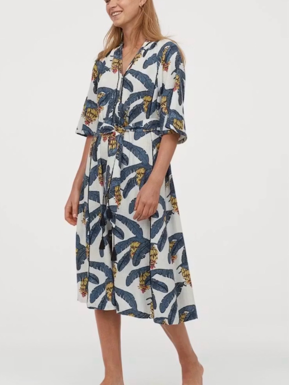 Desmond & Dempsey x H&M White & Blue Tropical Print Midi Dress with Belt